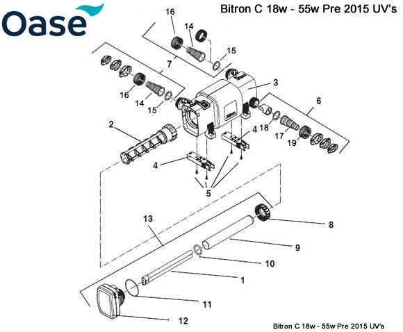Oase Bitron C 18 - 55 Ultra Violet Light Spare Parts - Pre 2015 Exploded Diagram