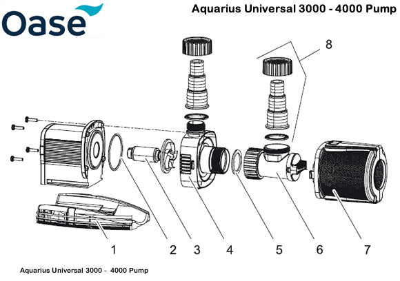Oase Aquarius Universal 3000 - 4000 Pump Spare Parts Exploded Diagram