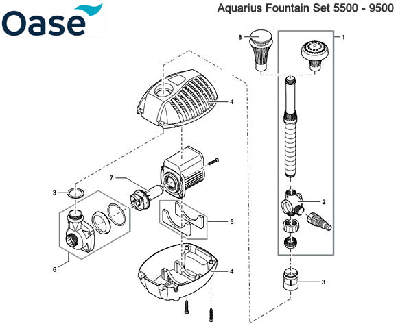 Oase Aquarius Fountain Set 5500 - 9500 Pump Spare Parts Exploded Diagram