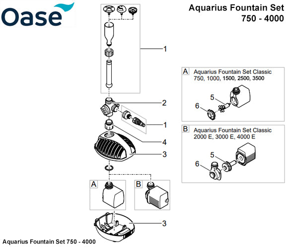 Oase Aquarius Fountain Set 750 - 4000 Pump Spare Parts Exploded Diagram