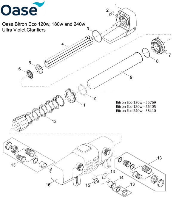 Oase Bitron Eco 120w - 240w Ultra Violet Clarifier Spare Parts Exploded Diagram
