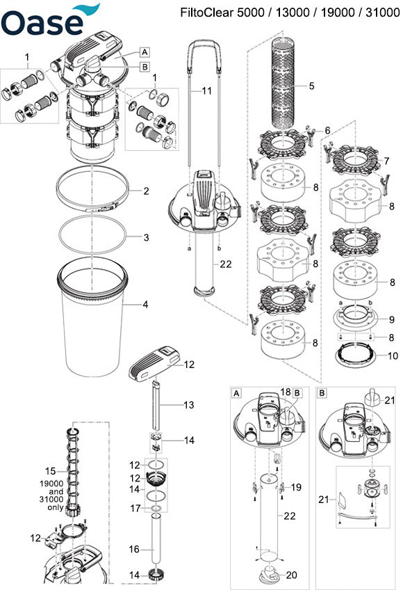 Oase FiltoClear 5000 / 13000 / 19000 / 31000 Filter Spare Parts Exploded Diagram