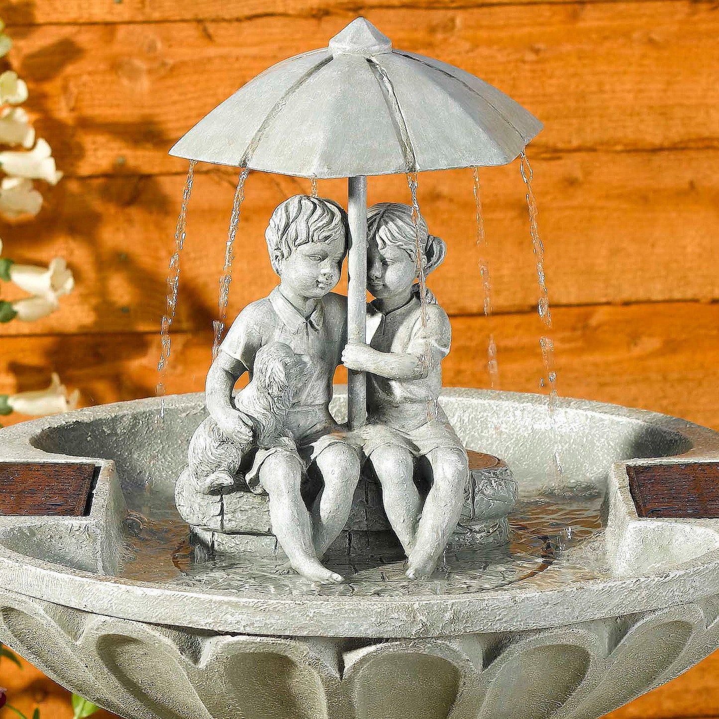 Smart Solar - Boy and Girl Umbrella Solar Birdbath Fountain - Stone Effect - Image 3