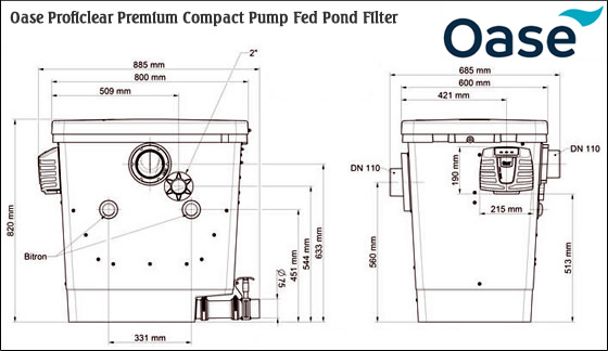 Oase Proficlear Premium Compact Pond Filter - Pump Fed Dimensions