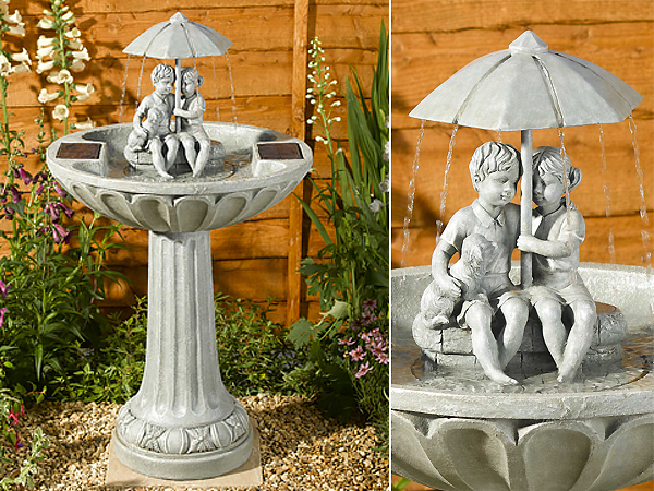 Large image of Boy and Girl Umbrella Solar Birdbath Fountain - Stone Effect