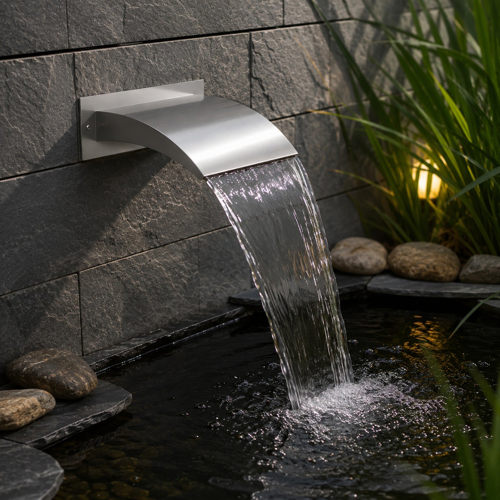 Curved Vertical Stainless Steel Spout Waterfall 2000mm Back Entry Insitu
