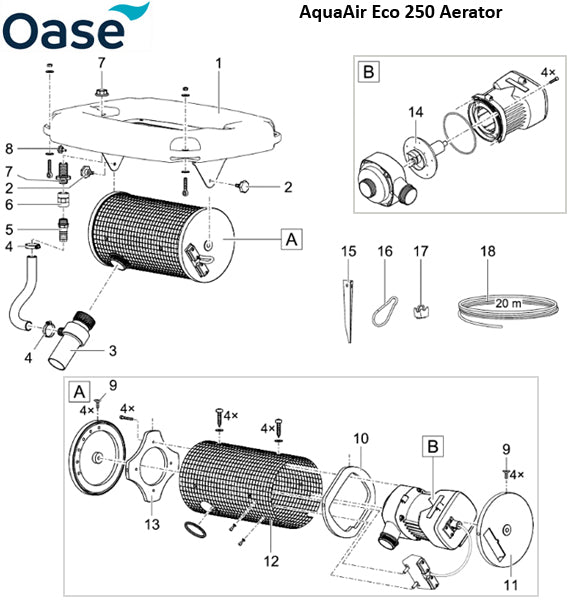 Oase AquaAir Eco 250 Spare Parts Exploded Diagram