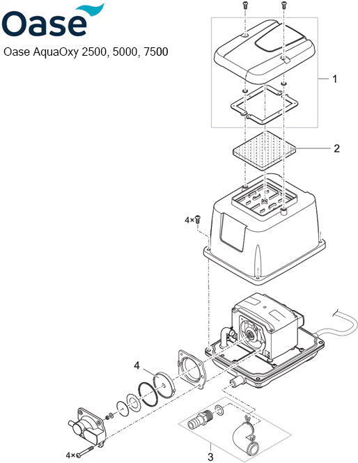 Oase AquaOxy 2500, 5000 and 7500 Air Pump Spare Parts Exploded Diagram