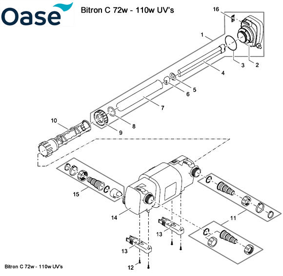 Oase Bitron C 72 - 110 Ultra Violet Light Spare Parts - All Years Exploded Diagram