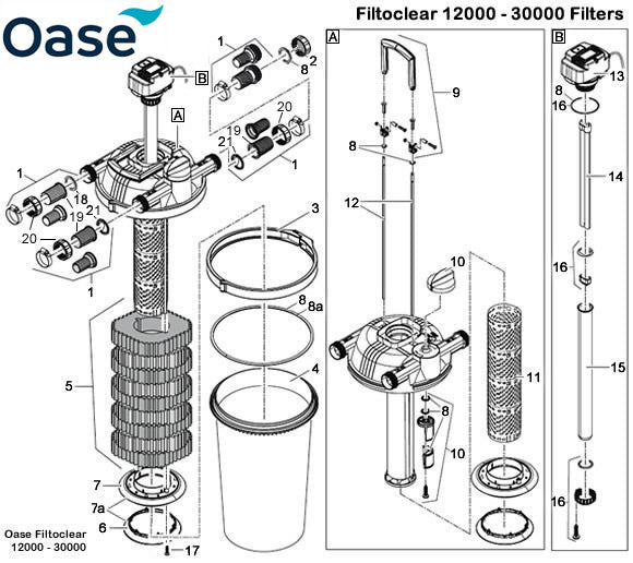 Oase FiltoClear 12000 - 30000 Filter Spare Parts Exploded Diagram