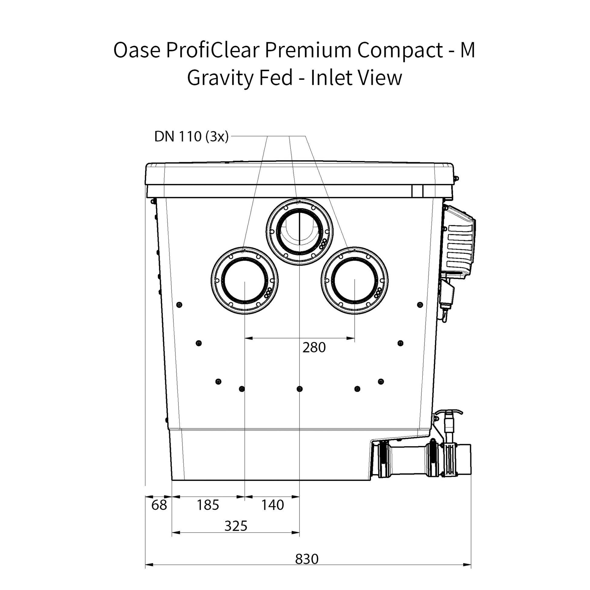 Oase ProfiClear Premium Compact - M - Gravity Fed Dimensions - Inlet End View