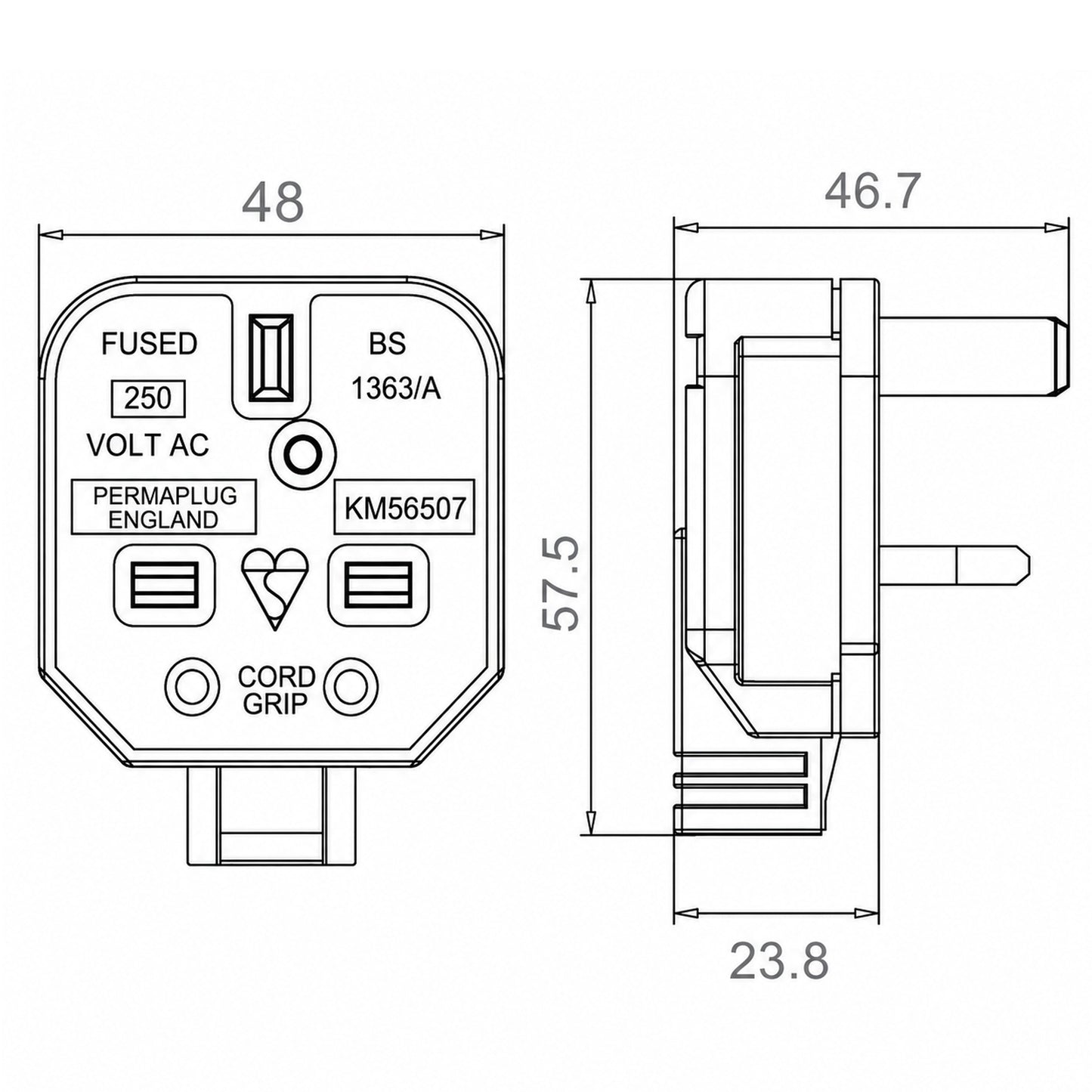 Masterplug Heavy Duty 13A Plug Dimensions