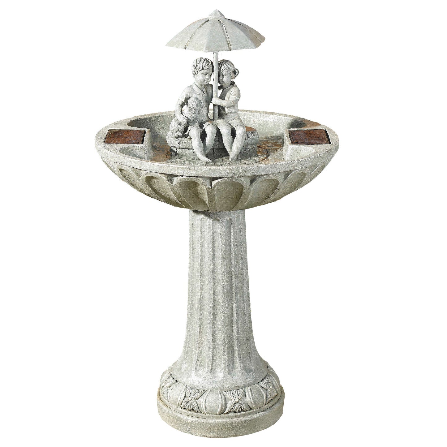 Smart Solar - Boy and Girl Umbrella Solar Birdbath Fountain - Stone Effect - Image 1