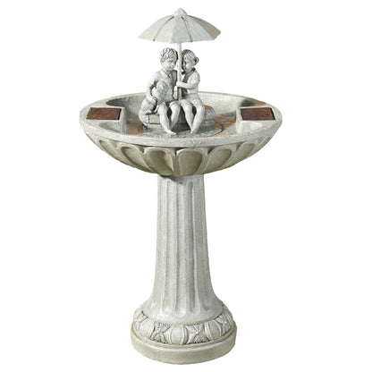 Smart Solar - Boy and Girl Umbrella Solar Birdbath Fountain - Stone Effect - Image 1