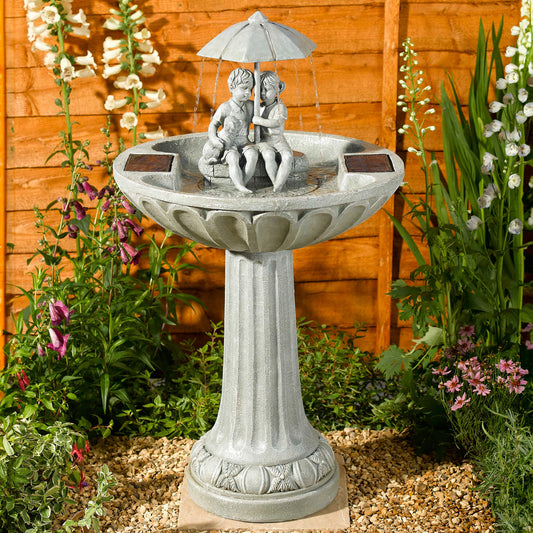 Smart Solar - Boy and Girl Umbrella Solar Birdbath Fountain - Stone Effect - Image 2