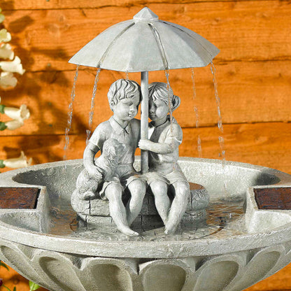 Smart Solar - Boy and Girl Umbrella Solar Birdbath Fountain - Stone Effect - Image 3