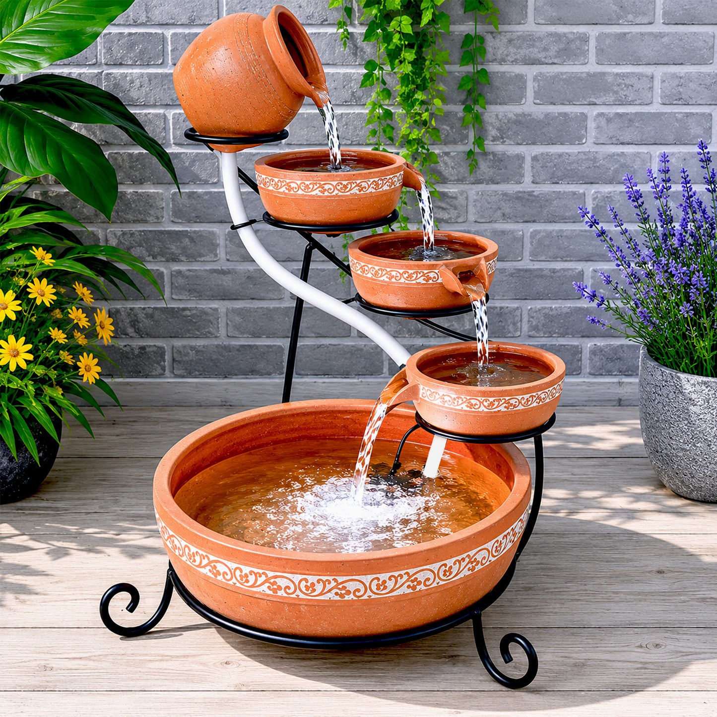 PondXpert - Terracotta - Solar  Cascade with LED Light - Day