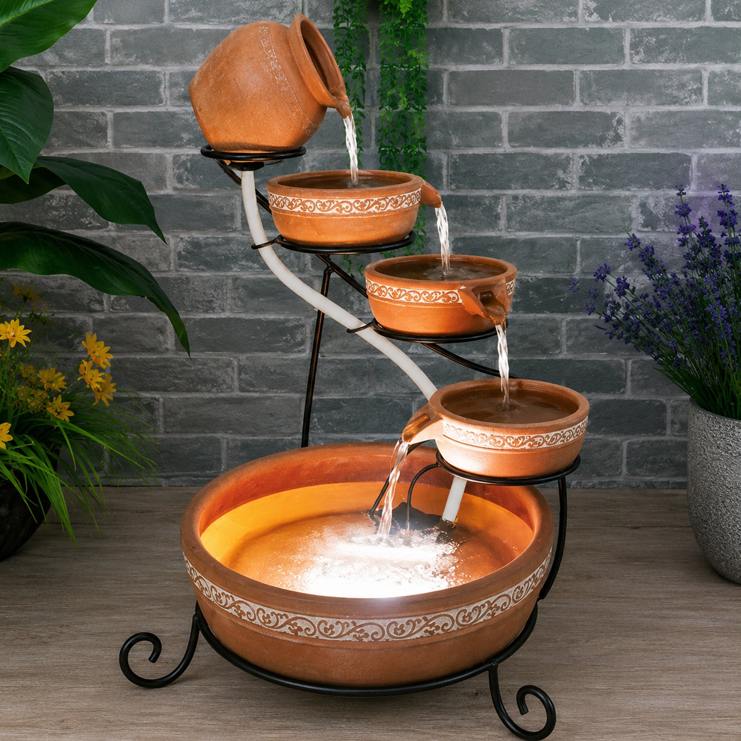 PondXpert - Terracotta - Solar  Cascade with LED Light - Night